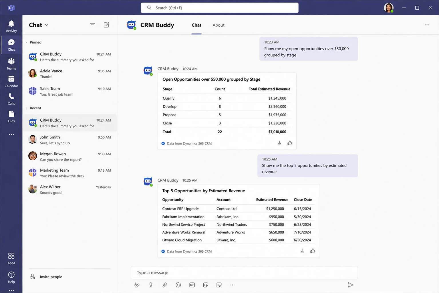 CRM Buddy chatbot answering CRM questions inside a Microsoft Teams chat window