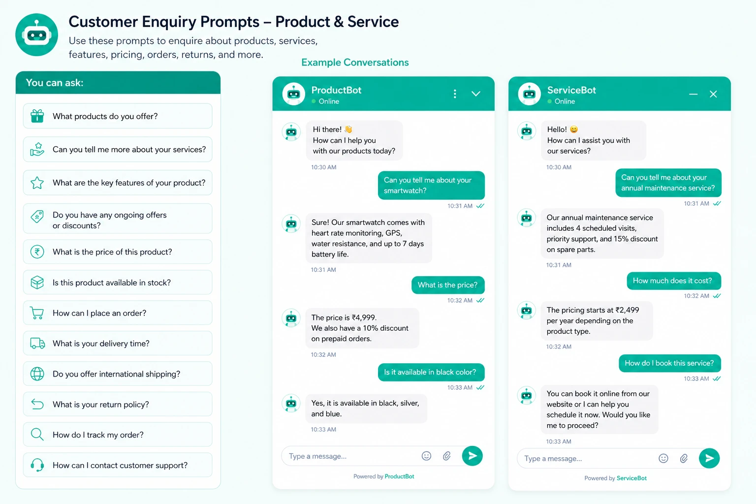 ProductBot and ServiceBot handling live customer enquiries about products and services